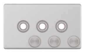 Screwless Satin Chrome **EMPTY** Dimmer Plate - 3 Gang Empty Plate With Knobs