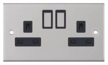 Slimline 13A Double Switched Socket - Satin Chrome - With Black Interior