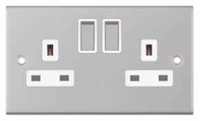 Slimline 13A Double Switched Socket - Satin Chrome - With White Interior