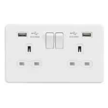 Screwless Matt White Switched Socket With USB - 2 Gang with 2 x Type A USB
