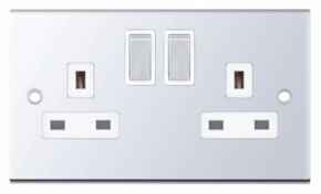 Slimline 13A Double Switched Socket - P/Chrome - With White Interior