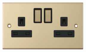Slimline 13A Double Switched Socket - Satin Brass - With Black Interior