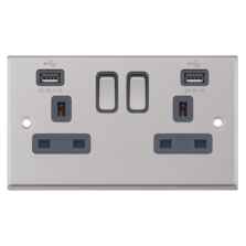 Satin Chrome & Grey Double Socket With USB Charger - 2 Gang With USB