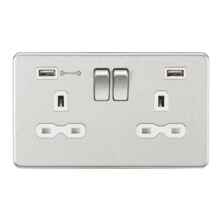Screwless Brushed Chrome Double Switched Socket With Dual USB Charger - White Insert With 4a Fast Charge USB