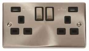 Satin Chrome Double Socket With USB Charger - Double 2 Gang With USB - Black