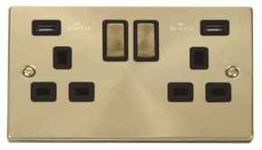 Satin Brass Double Socket 2 Gang Switched - Double 2 Gang With USB - Black