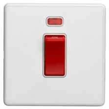 Screwless Concealed White Metal 45A Cooker / Shower Switch - 1 Gang With Neon
