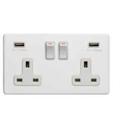 Screwless Concealed White Metal USB Charger Socket - 2 x USB Type A