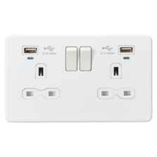 Screwless Matt White Switched Socket With USB - 2 Gang with LED  Charging Indicators