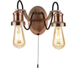 Antique Copper 2 Light  Double Wall Light With Black Braided Fabric Cable  - 1062-2CU