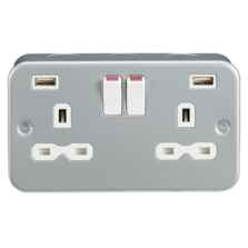 Metal Clad 13A 2G Switched Socket with Dual USB Charger (2.4A) - Double 2 Gang