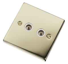 Polished Brass Double TV Socket - Twin Co-ax Out - With White Interior