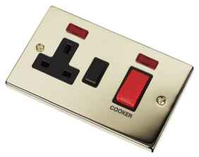 Polished Brass Cooker Switch & Socket 45A DP Neon - With Black Interior