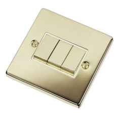 Polished Brass Light Switch - Triple 3 Gang 2 Way - With White Interior