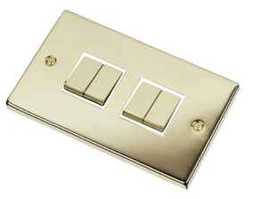 Polished Brass Light Switch - Quad 4 Gang 2 Way - With White Interior