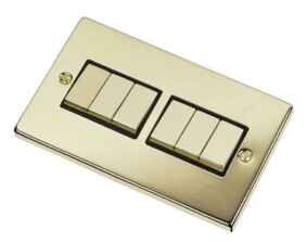 Polished Brass Light Switch - 6 Gang 2 Way - With Black Interior