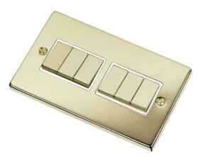 Polished Brass Light Switch - 6 Gang 2 Way - With White Interior