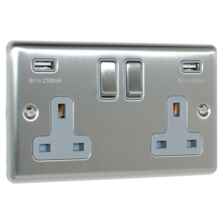 Satin Stainless Steel & Grey Socket With USB Charger - Double with 2 x USB