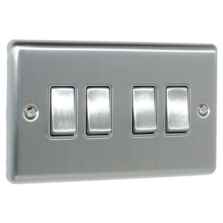 Satin Stainless Steel & Grey Light Switch - 4 gang 2 Way Quad 
