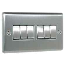 Satin Stainless Steel & Grey Light Switch - 6 Gang 2 Way 