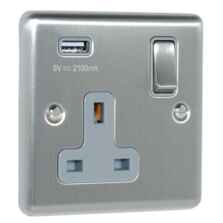 Satin Stainless Steel & Grey Socket With USB Charger - Single with 1 x USB