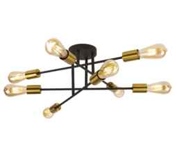 Black & Satin Brass 8 Light E27 Ceiling Light - Black & Satin Brass