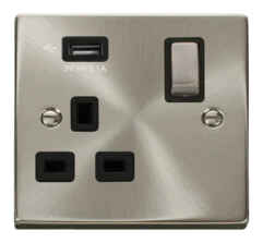 Satin Chrome Double Socket With USB Charger - Single 1 Gang With USB - Black
