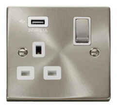 Satin Chrome Double Socket With USB Charger - Single 1 Gang With USB - White	