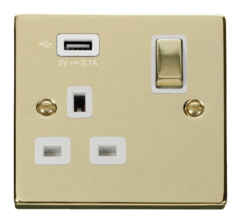 Polished Brass Single Socket -Ingot 1Gang Switched - USB With White Interior