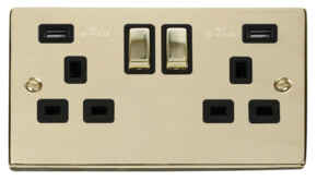 Polished Brass Double Socket -Ingot 2Gang Switched - Black With 2 USB Charger Ports