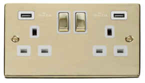 Polished Brass Double Socket -Ingot 2Gang Switched - White With 2 USB Charger Ports