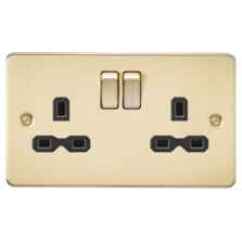 Flat Plate Brushed Satin Brass Double Socket - With Black Interior