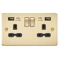 Flat Plate Brushed Satin Brass USB Double Socket - With Black Interior
