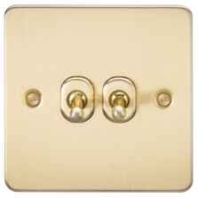 Flat Plate Brushed Satin Brass Toggle Light Switch - Double 2 Gang 2 Way - STOCK DUE 6/6