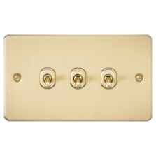 Flat Plate Brushed Satin Brass Toggle Light Switch - Triple 3 Gang 2 Way