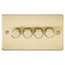 Flat Plate Brushed Satin Brass Dimmer Light Switch - Quad 4 Gang 2 Way 10-200w (LED 5W-150W)