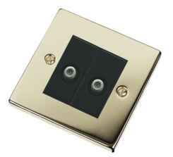 Polished Brass Double Satellite Socket Outlet - With Black Interior