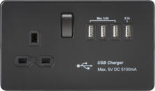 Screwless Matt Black Socket With Quad USB Charger (5.1A)