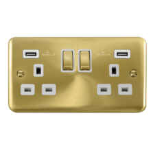 Curved Satin Brass Double Socket - White Interior With 2 USB