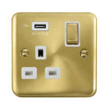 Curved Satin Brass Single Socket - White Interior With 1 USB