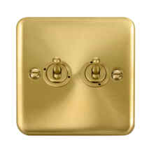 Curved Satin Brass Toggle Switch - 2 Gang 2 Way Double