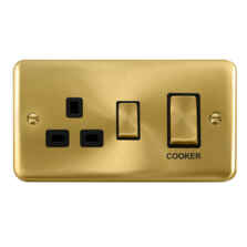 Curved Satin Brass 45A Cooker Switch & 13A Socket - Black Interior