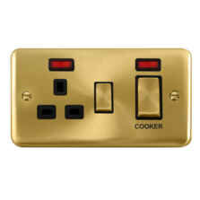 Curved Satin Brass 45A Cooker Switch & 13A Socket - Black Interior With Neon