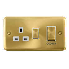 Curved Satin Brass 45A Cooker Switch & 13A Socket - White Interior