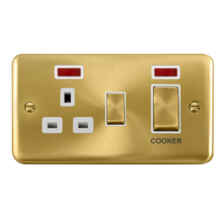 Curved Satin Brass 45A Cooker Switch & 13A Socket - White Interior With Neon