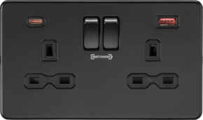Screwless Matt Black Socket With USB Charger - 2 Gang Socket 1 x USB A & 1 x USB C