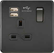 Screwless Matt Black Single Socket with Dual USB Ports - 1 Gang with 2 x USB A