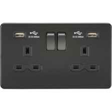 Screwless Matt Black Socket With USB Charger - 2 Gang with 2 x Type A USB