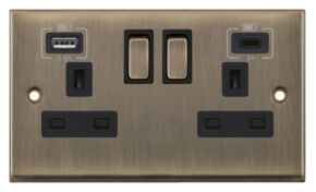 Antique Brass Double Socket With USB Charger - Double with Fast Charge Type C USB