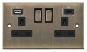 Slimline Antique Brass USB Socket  - Double with Fast Charge Type C USB